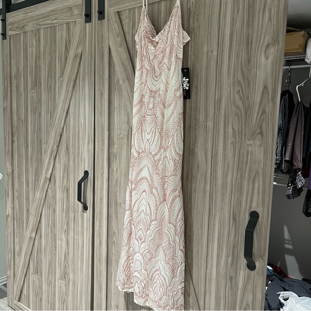 Ivory and rose gold glittery floor length dress